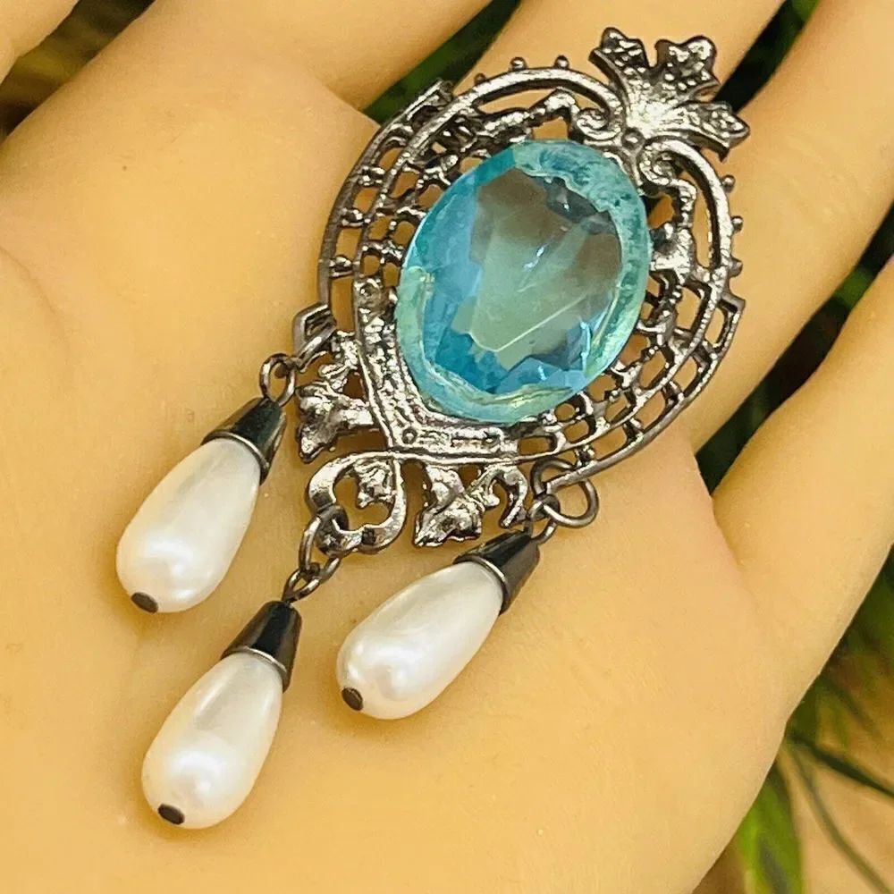 Vintage Brooch Faux Topaz Pearl Dangle Edwardian Inspired Costume Silver 1181